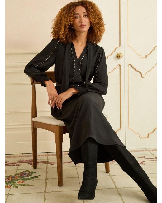 knee length dresses for ladies Cream And Gold Tie Neck Midi Dress – self-portrait-US main image 1