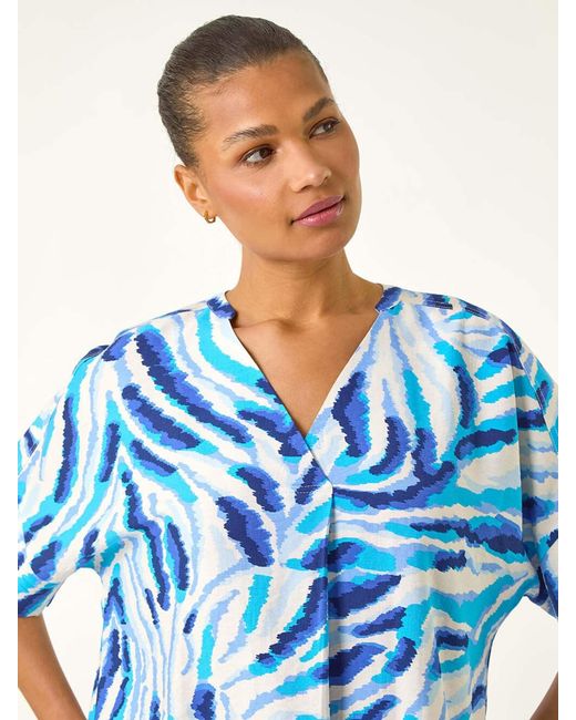 Roman Blue Animal Print Pleated Tunic Top