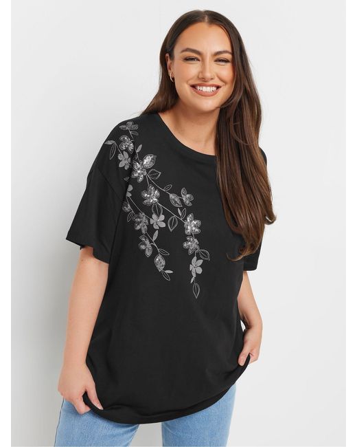 Yours Curve Black Sequin Relaxed 100% Cotton T-Shirteu 50-52 (Uk 22-24)