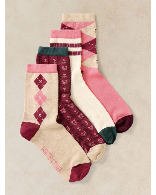 White Stuff Pink Argyle Pattern Ankle Socks 4 Pack for men