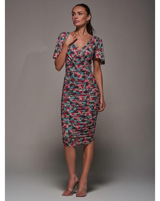 Jolie Moi Gray Angel Sleeved Floral Mesh Bodycon Dress