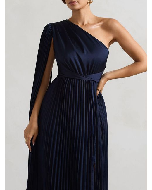 Club L London Blue My Vision Plisse Asymmetric Split Maxi Dress With Cape Sleeve