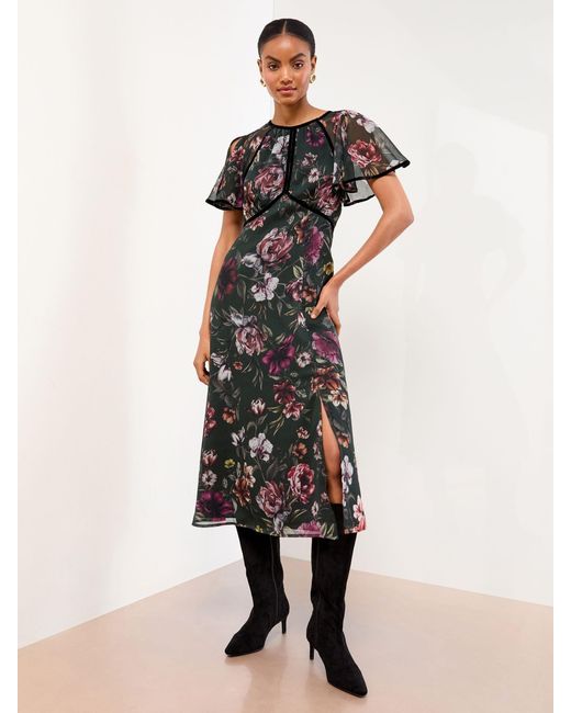Lipsy Natural Petite Angel Sleeve Floral Print Velvet Tipped Midi Dress