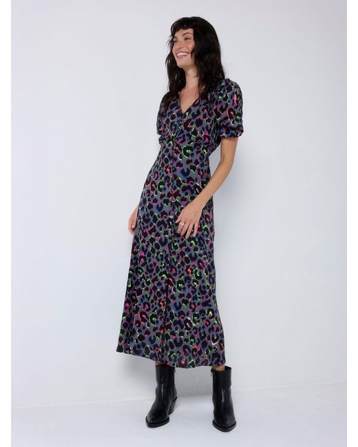 grey with rainbow shadow leopard flute sleeve midi tea dress Pale Khaki with Rainbow Shadow Leopard Flute Sleeve Midi Tea Dress Scamp &  Dude