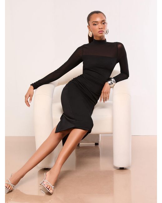 lipsy black bodycon dress Petite Mesh Insert Long Sleeve Midi in long bodycon dress outfit