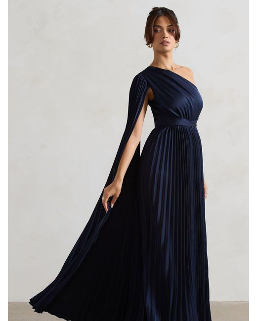 Club L London Blue My Vision Plisse Asymmetric Split Maxi Dress With Cape Sleeve