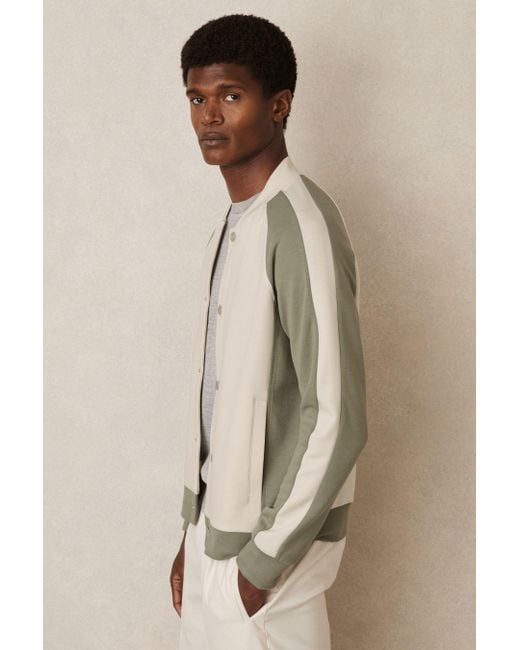 Reiss Natural Off & Sage Interlock Colour-Block Bomber Jacket for men