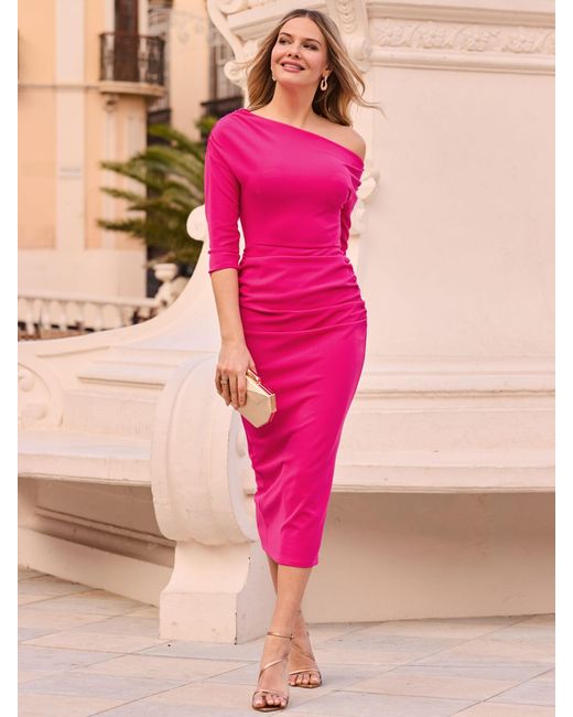 Sosandar Women's Pink Asymmetric Ruched Midi Dress Sosandar Women's Pink Asymmetric Ruched Midi Dress