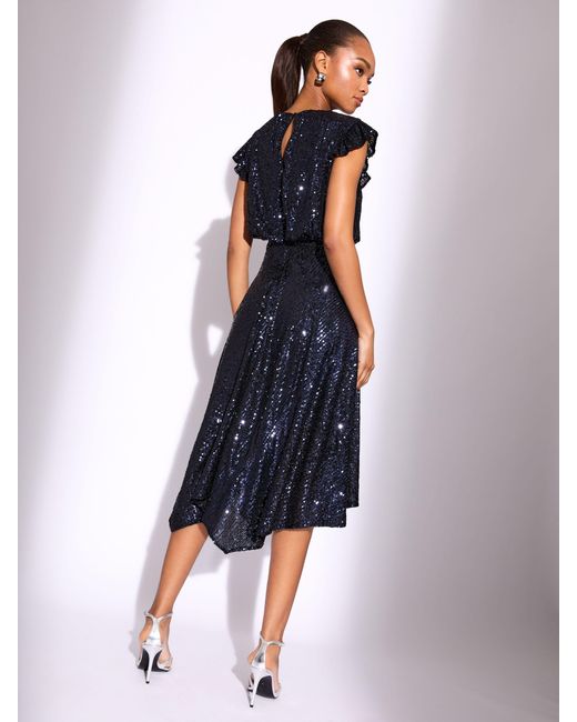 Lipsy Sequin High Low Fit And Flare Midi Dress in Blue | Lyst