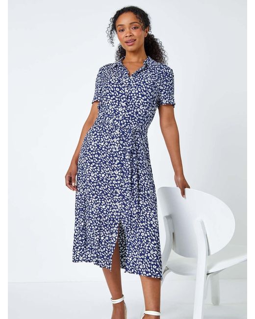 Roman Blue Petite Ditsy Floral Print Shirt Dress