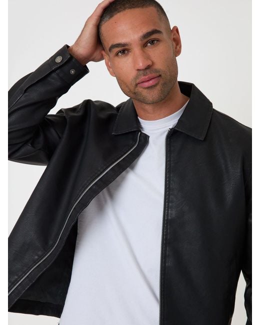 Threadbare Blue Faux Leather Zip Up Collared Jacket for men
