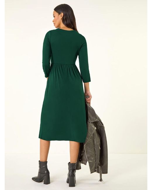 Roman Green Gathered Pocket Stretch Midi Dress