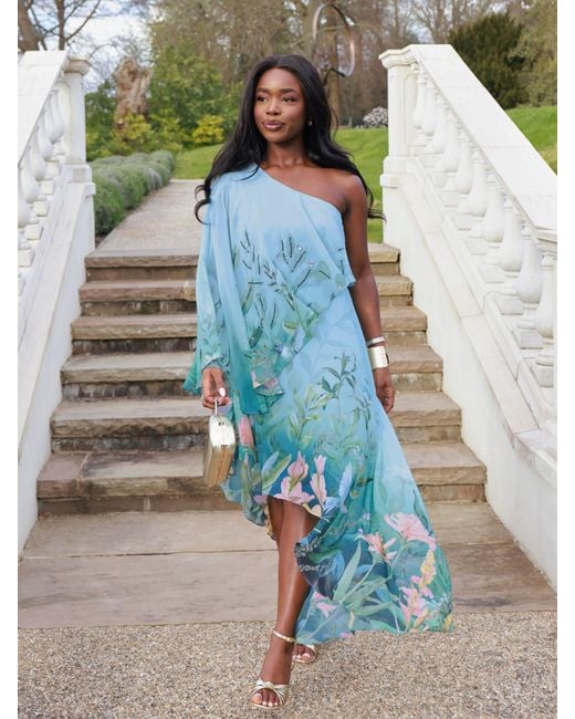 lipsy one shoulder pleated asymmetric midi dress Lipsy One Shoulder Floral Aysm Sequin Midi Dress in Blue