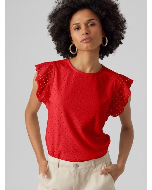 Vero Moda Red Broderie Short Sleeve T-Shirt