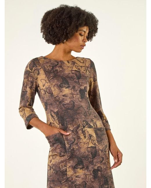 Roman Brown Butterfly Pocket Stretch Shift Dress