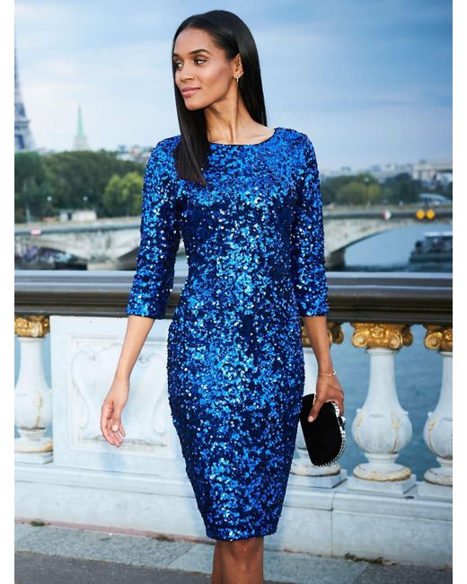 Sosandar Blue Sequin Stretch Shift Dress