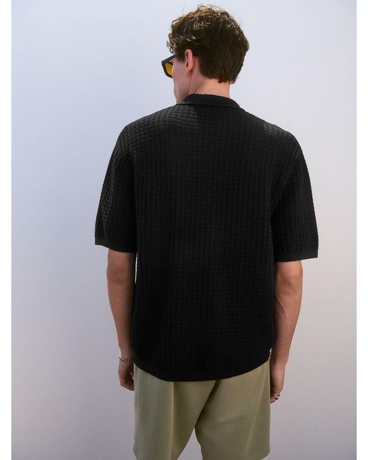 Next Black Relaxed Fit 100% Cotton Short Sleeve Textured Knit Button-Through Polo Shirt for men