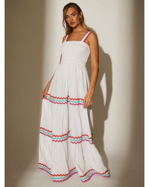 South Beach Blue Cotton Multi Ric Rac Shirred Tiered Maxi Dress