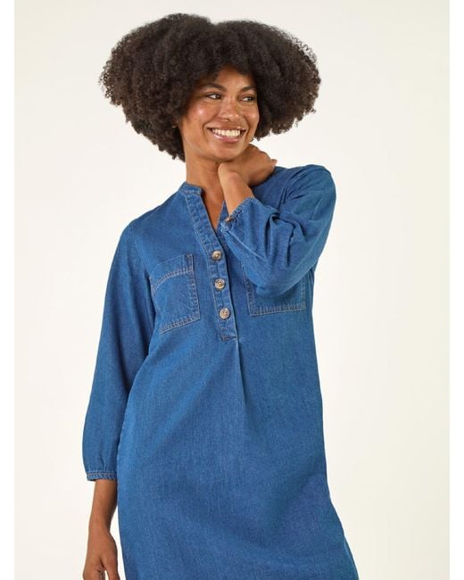Roman Blue Cotton Denim Button Shift Dress