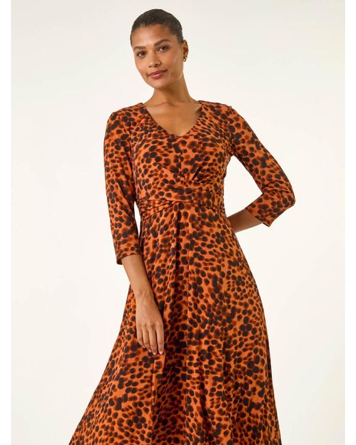 Roman Orange Spot Wrap Bodice Dress