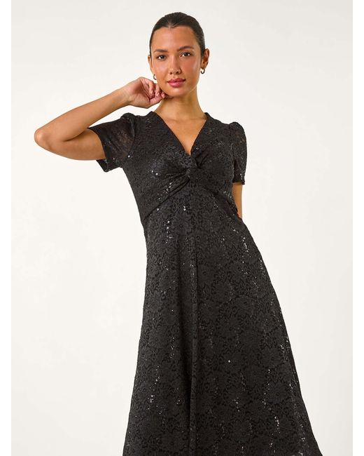 Roman Women's Black Sequin Lace Twist Front Midi Dress