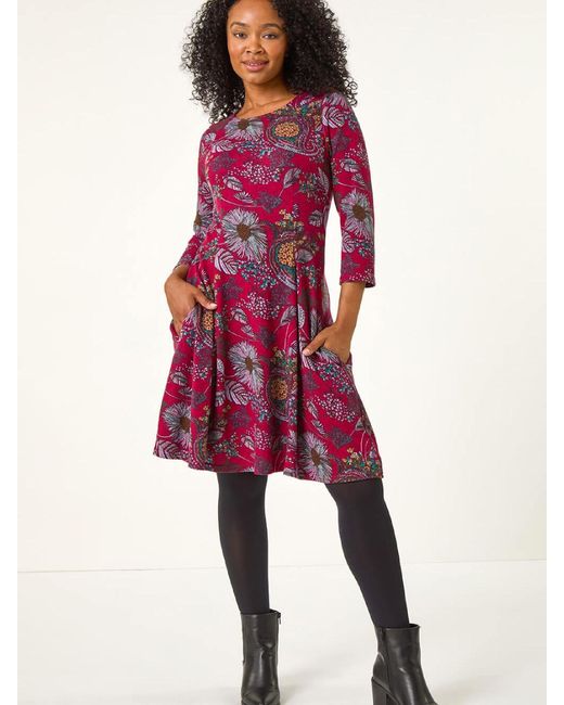 Roman Purple Petite Floral Print A-Line Stretch Dress