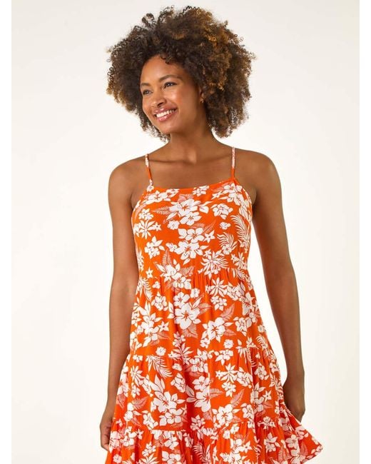 Roman Orange Floral Print Strappy Sundress