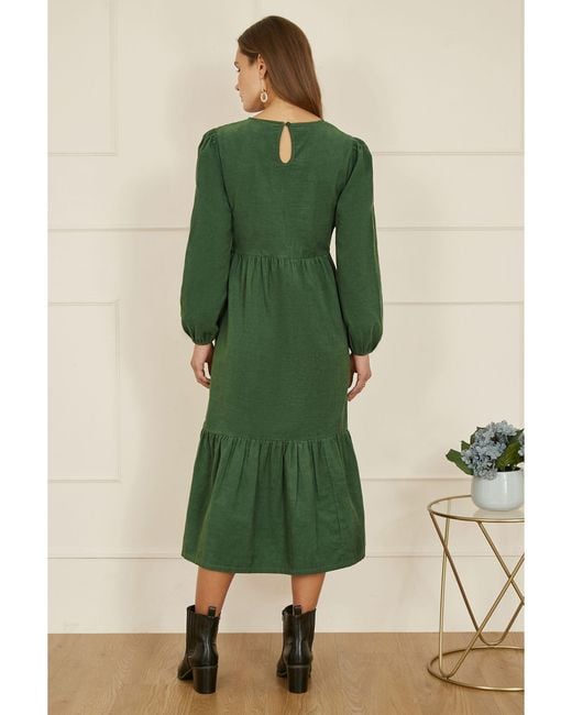 Yumi' Green Long Sleeve 100% Cotton Midi Dress With Floral Print Embroidery Bodice