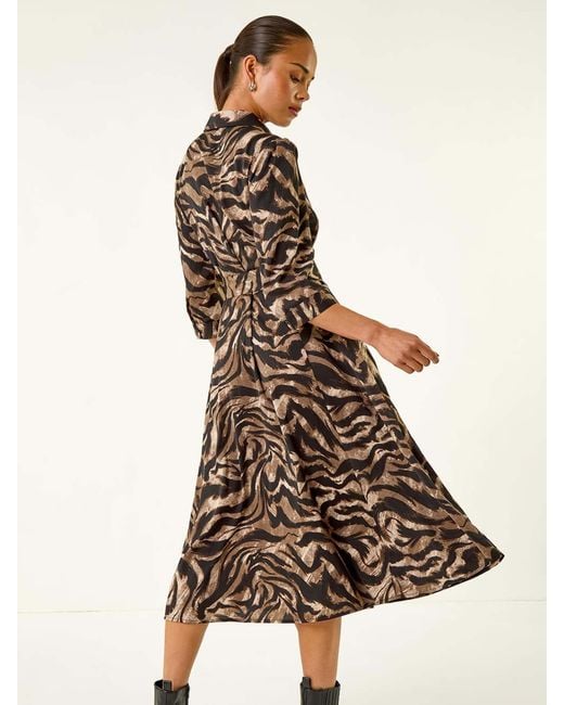 Roman Brown Petite Animal Print Shirt Stretch Dress