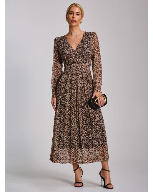 Jolie Moi Women's Brown Long Sleeve Pleated Lace Maxi Dress