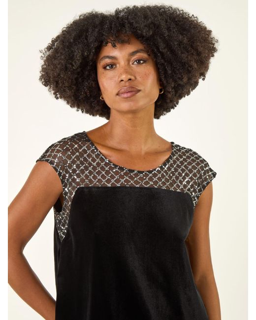 Roman Black Velvet Sequin Mesh Blouse