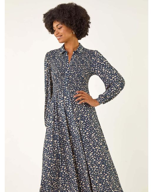 Roman Black Ditsy Floral Print Shirred Midi Dress