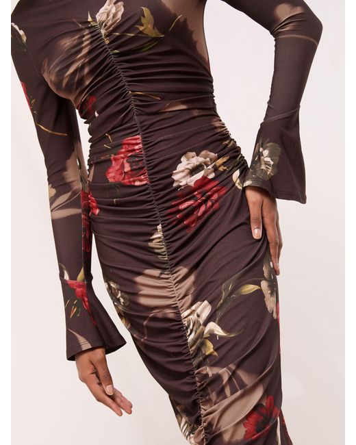 Lipsy Pink Floral Long Sleeve Ruched Jersey Bodycon Dress