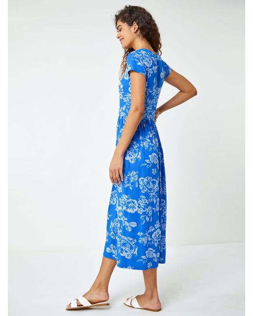 Roman Blue Floral Print Midi Stretch Dress