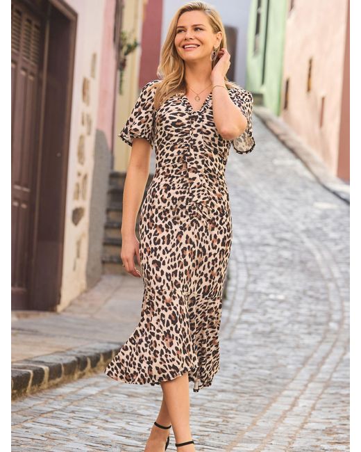 Sosandar Brown Leopard Print Ruched Detail Dress