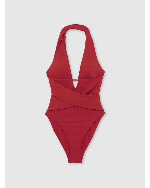 Reiss Red Plunge Halterneck Swimsuit