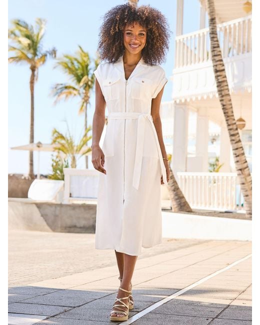 Sosandar Linen Blend Belted Zip Through Utility Shirt Dress in Natural |  Lyst
