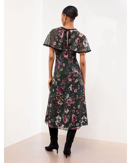 Lipsy Natural Petite Angel Sleeve Floral Print Velvet Tipped Midi Dress