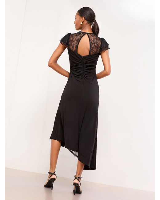 Lipsy Black Lace Insert Ruched Asymmetrical Fit And Flare Midi Dress