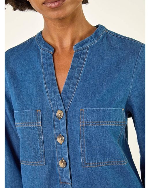 Roman Blue Cotton Denim Button Shift Dress