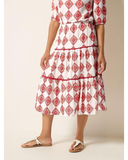 M Com Red Printed Tile Maxi Skirt