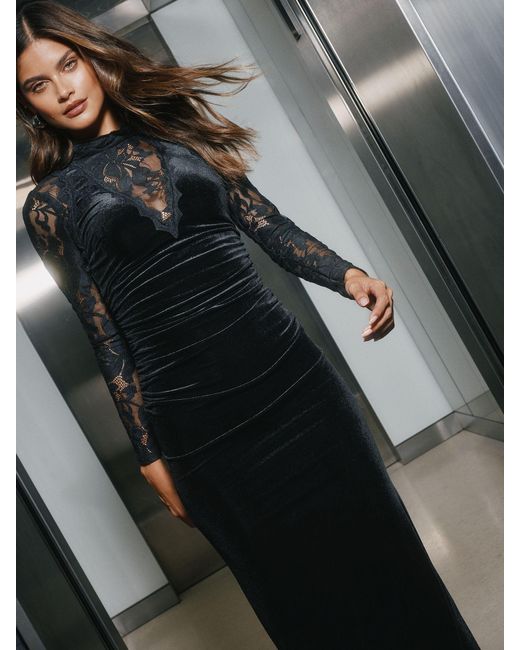 Lipsy Gray Velvet Lace Mix Long Sleeve Bodycon Midi Dress
