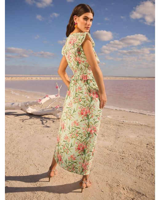 Love & Roses Blue V & A I Printed Broderie Peplum Ruffle Short Sleeve Midi Dress