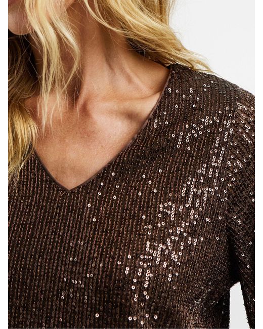 JD Williams Brown Sequin V-Neck Angel Sleeve Top