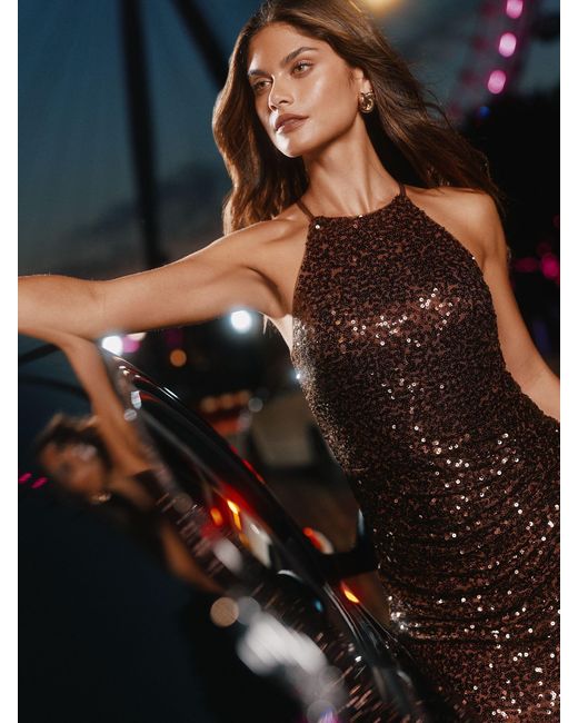 Lipsy Multicolor Sequin Halter Ruched Maxi Dress