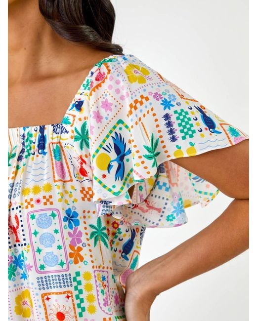 Roman White Patchwork Palm Ruffle Shirt
