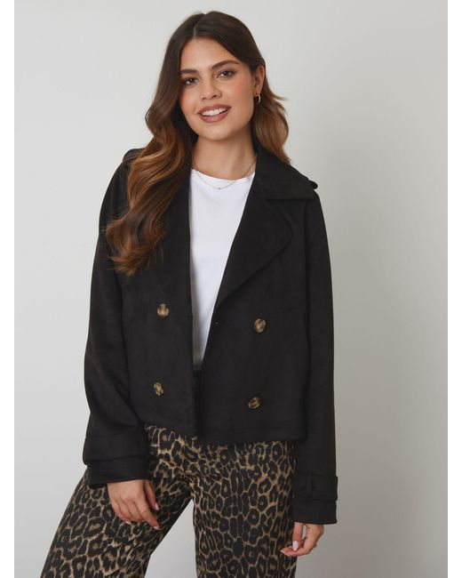 Threadbare Black Suedette Cropped Trench Jacket