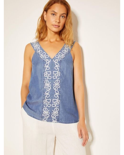 Monsoon Blue Isolde Embroidered Chambray Cami Top