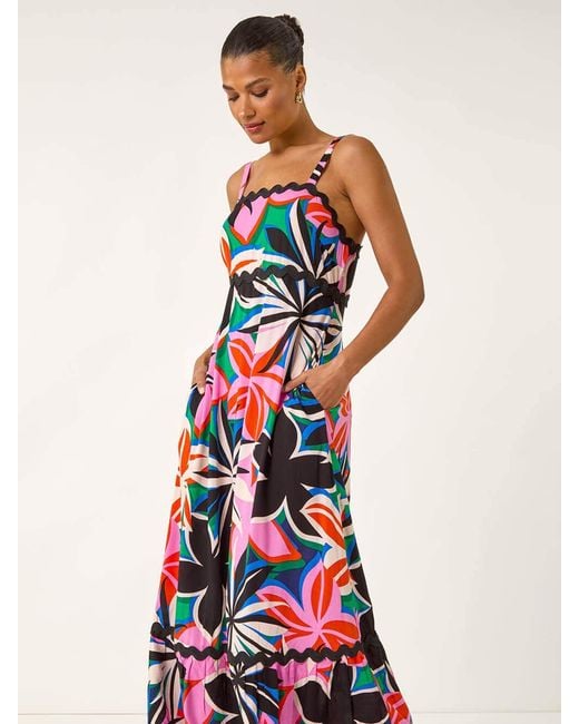 Roman Red Floral Print Ric Rac Maxi Dress