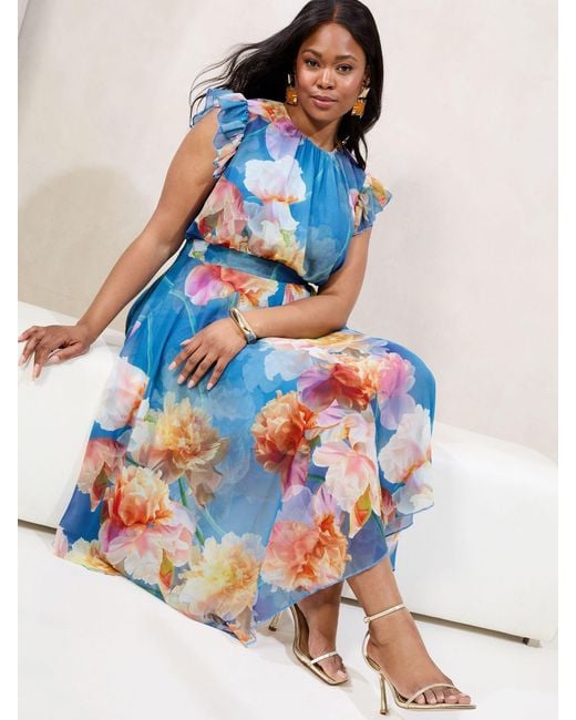Lipsy Blue Curve Floral Printed Frill Sleeve Fit And Flare Midi Dress